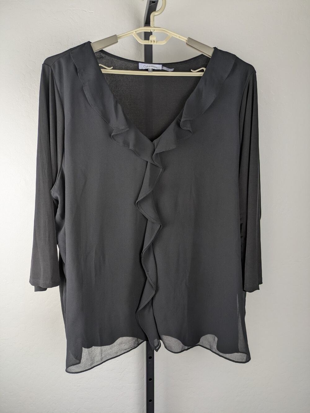 Calvin Klein Black 3/4 Sleeve Ruffle Front Knit Top Chiffon Overlay